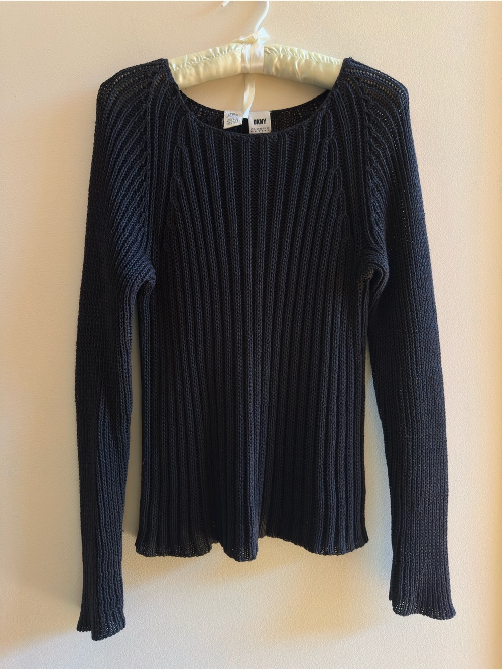 DKNY Black Linen Ribbed Crewneck Sweater